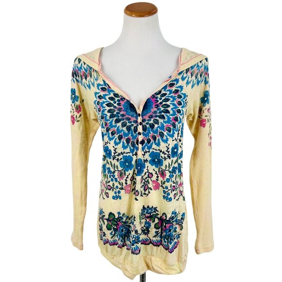 Vintage Free People Floral Boho Pullover Burnout Henley Hoodie Long Sleeve Top - Picture 1 of 16